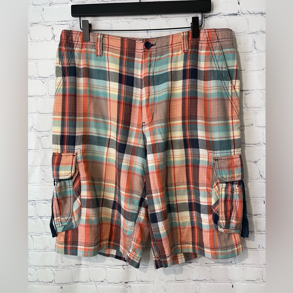 Caribbean size 36 green,blue, orange & tan plaid